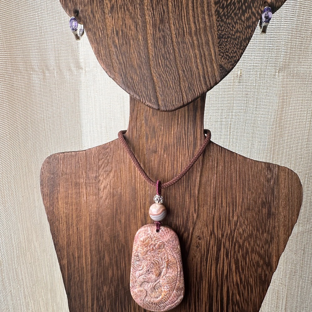 Handcrafted Coral Fossil Lady Pendant Necklace, Botswana Agate on Brown Rope - Picture 4 of 13